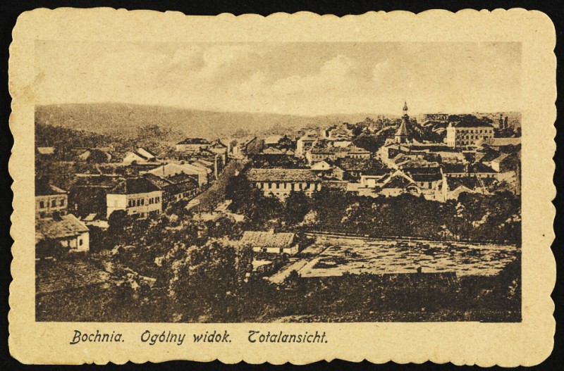 Bochnia na pocztówce z 1918 r. nakładem G. Zimmerspitza, Zb. Biblioteka Narodowa, domena publiczna