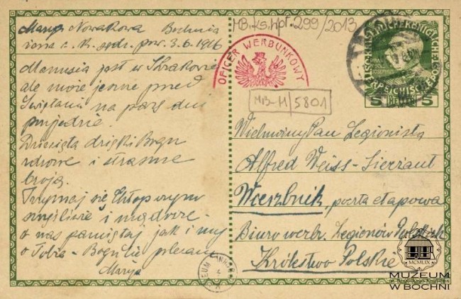 kartka pocztowa do legionisty z Bochni. Zb. Muzeum im. S. Fischera w Bochni