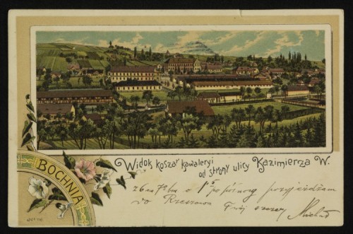 Widok austriackich koszar wojskowych na pocztówce z początków XX w
