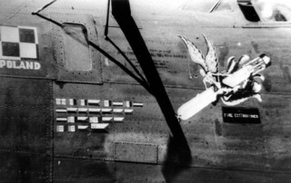 Emblemat Skrzydlata śmierć wychodząca z zasobnika na kadłubie Liberatora i chorągiewki oznaczające kolejne odbyte loty ze zrzutami