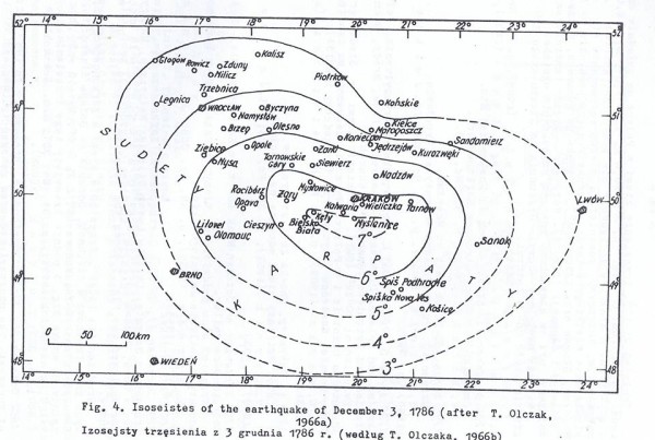 Mapka z zasięgiem trzęsienia ziemi 3 grudnia 1786 r.