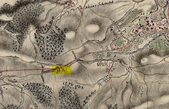 Karczma w Kolanowie na mapie z lat 1779-1783 (wyróżniona na żółto)