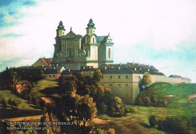 Dawny klasztor karmelitów w Wiśniczu. Fragment obrazu T. Łosika Panorama Wiśnicza z 1892 r.
